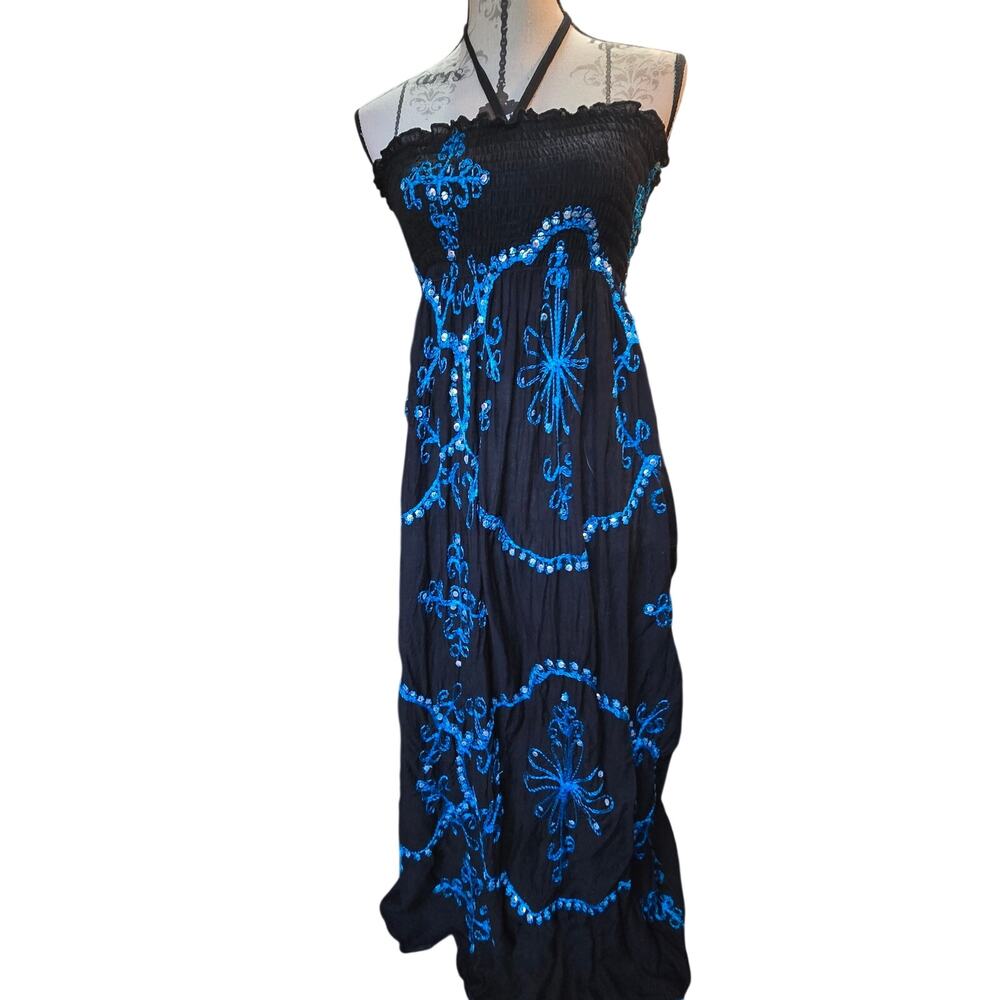 Y2k Coastal Mermaid Beach Sundress Sol & Spa Black Blue Sequin One Size